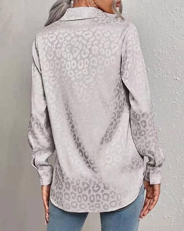 Satin Leopard Jacquard Button-Up Shirt - Gray