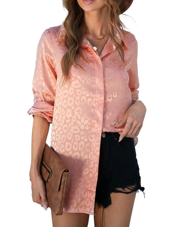 Satin Leopard Jacquard Button-Up Shirt - Pink