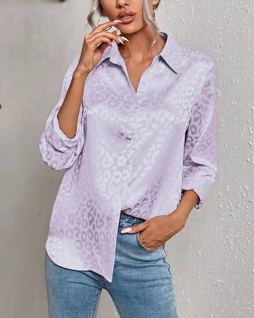 Satin Leopard Jacquard Button-Up Shirt - Violet - 1