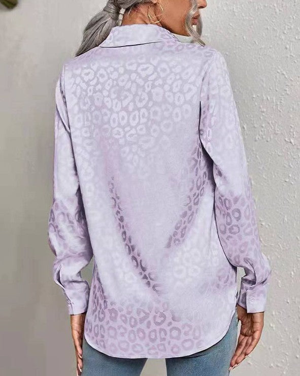 Satin Leopard Jacquard Button-Up Shirt - Violet - 2