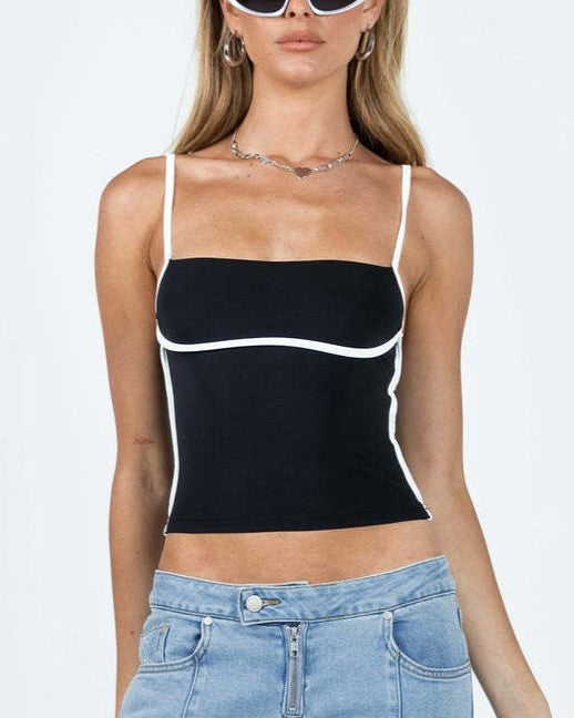 Contrast Bind Skinny Strap Crop Camisole - Black