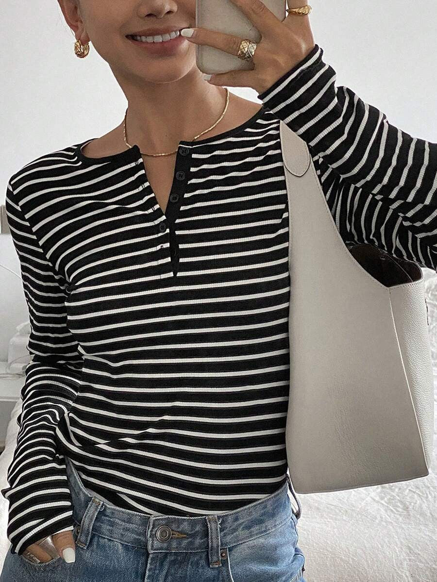 Ribbed Stripe Long Sleeve Henley Blouse - Black - 1