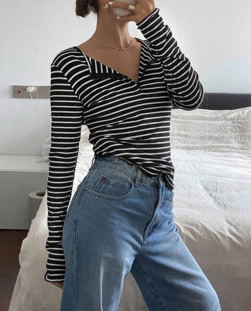 Ribbed Stripe Long Sleeve Henley Blouse - Black - 2