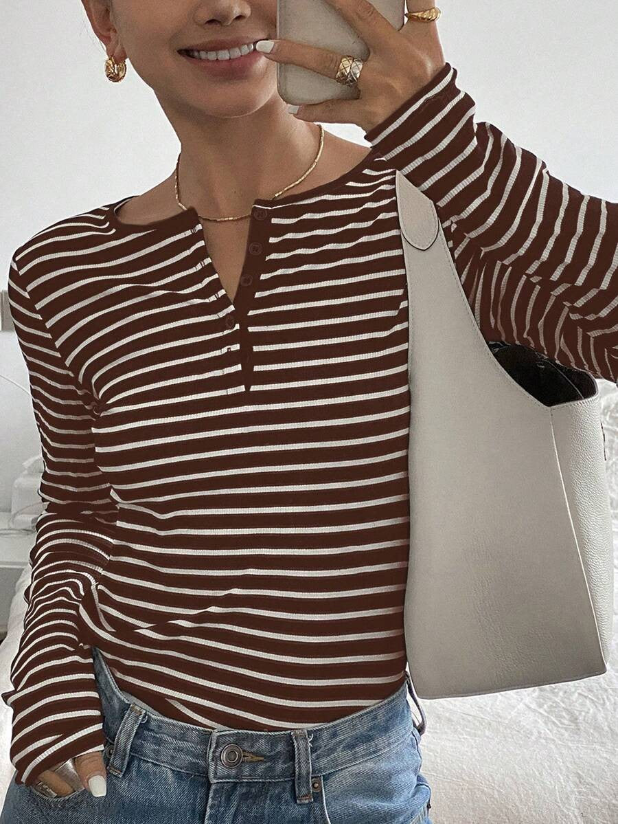 Ribbed Stripe Long Sleeve Henley Blouse - Coffee