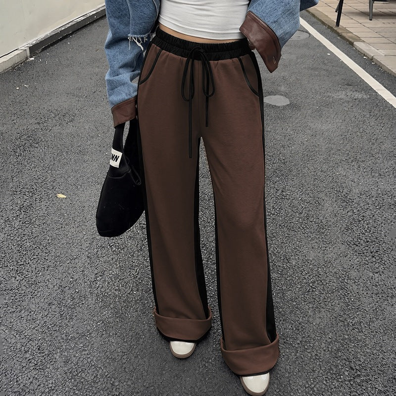 Wide Leg Pants With Contrast Side Panels - Coffee