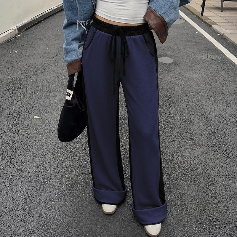 Wide Leg Pants With Contrast Side Panels - DarkBlue