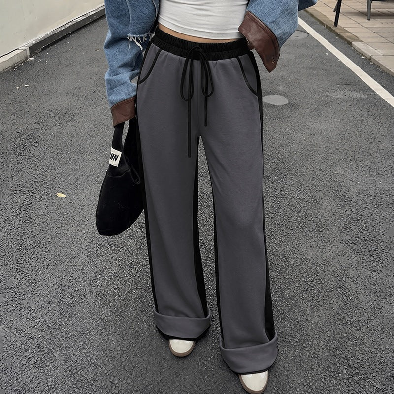 Wide Leg Pants With Contrast Side Panels - DarkGray