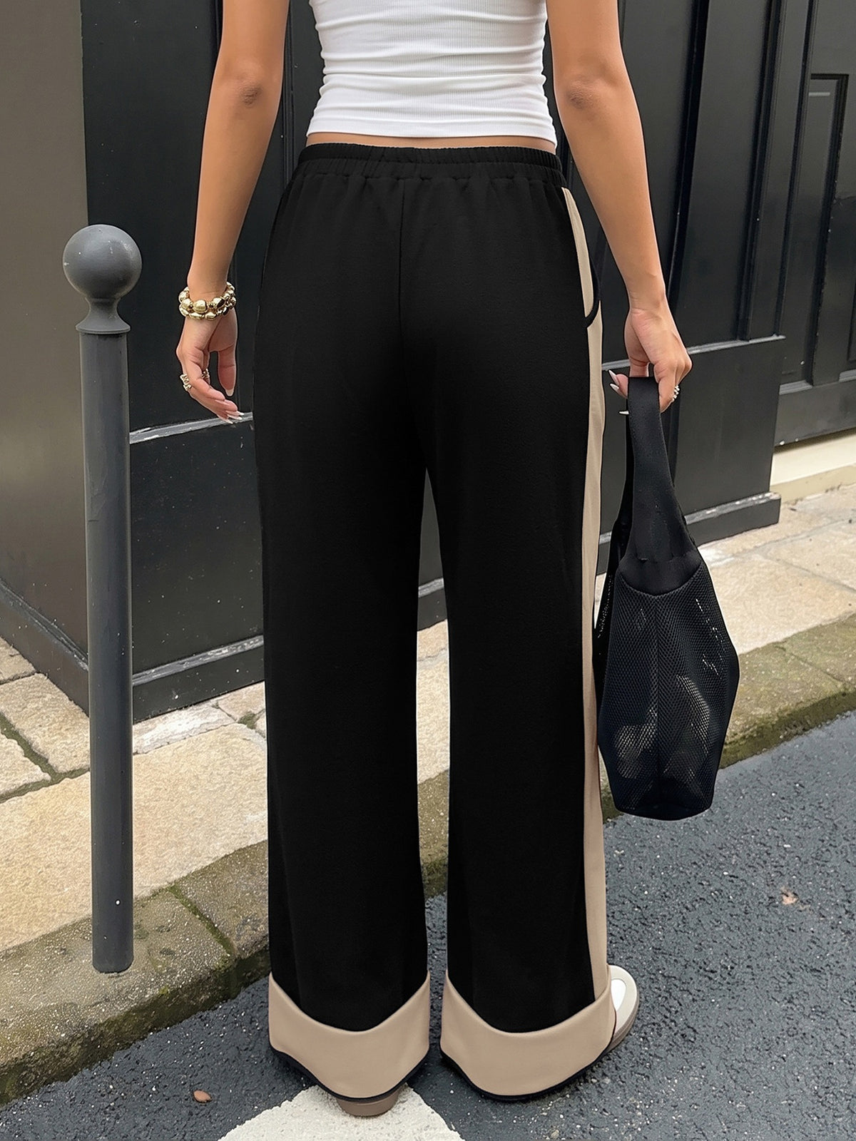 Wide Leg Pants With Contrast Side Panels - Khaki - 2