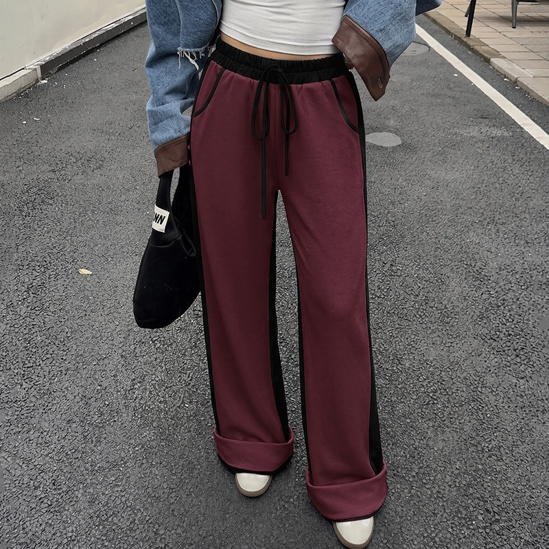 Wide Leg Pants With Contrast Side Panels - Mahogany
