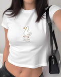 Cartoon Duck Graphic Cropped Baby Tee - White