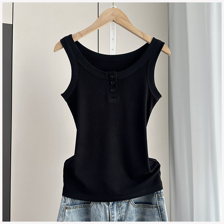 Ribbed Henley Button Placket Tank Top - Black