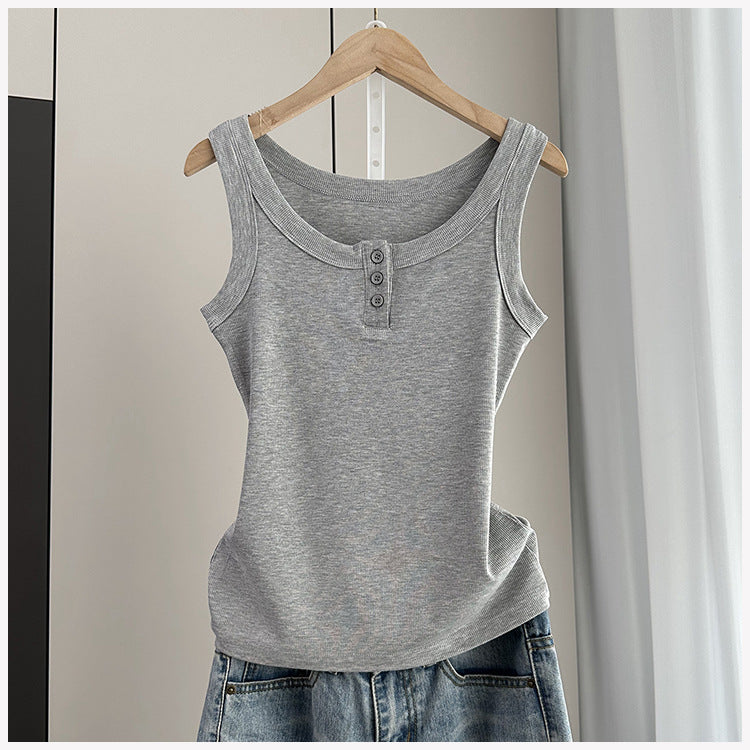 Ribbed Henley Button Placket Tank Top - Lightgray