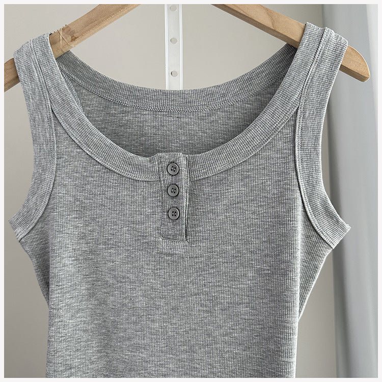 Ribbed Henley Button Placket Tank Top - Lightgray - 1