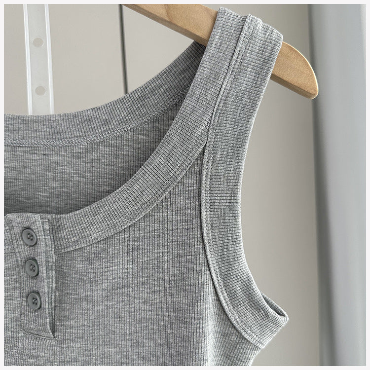 Ribbed Henley Button Placket Tank Top - Lightgray - 2