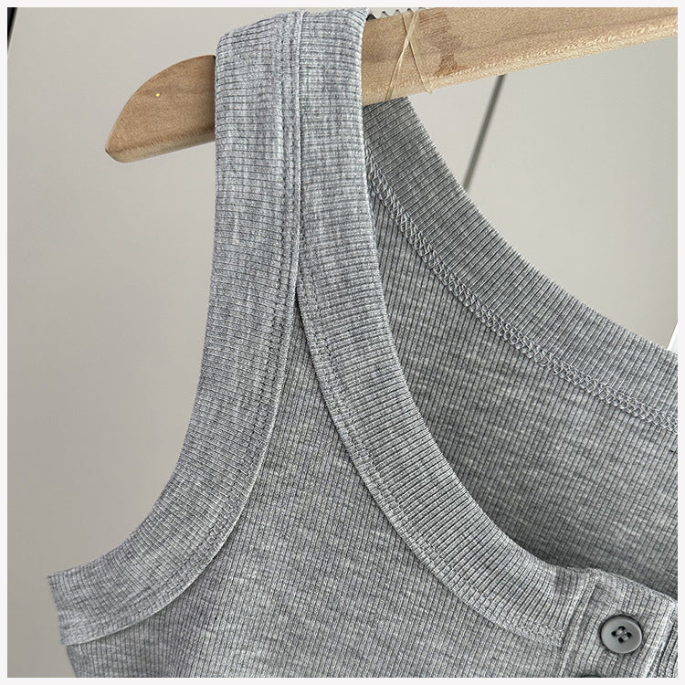 Ribbed Henley Button Placket Tank Top - Lightgray - 3