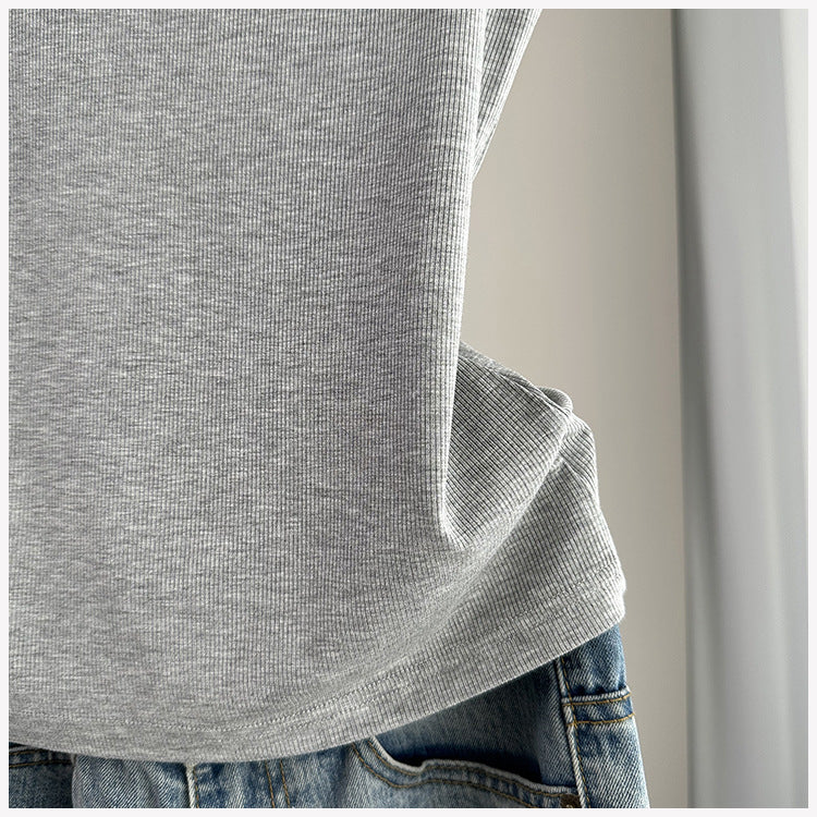 Ribbed Henley Button Placket Tank Top - Lightgray - 4