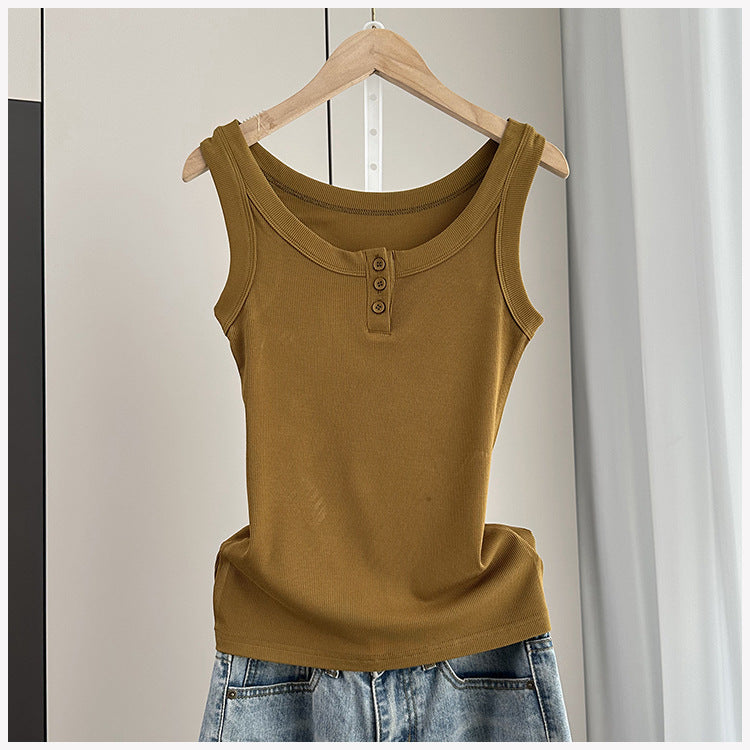 Ribbed Henley Button Placket Tank Top - Mustard