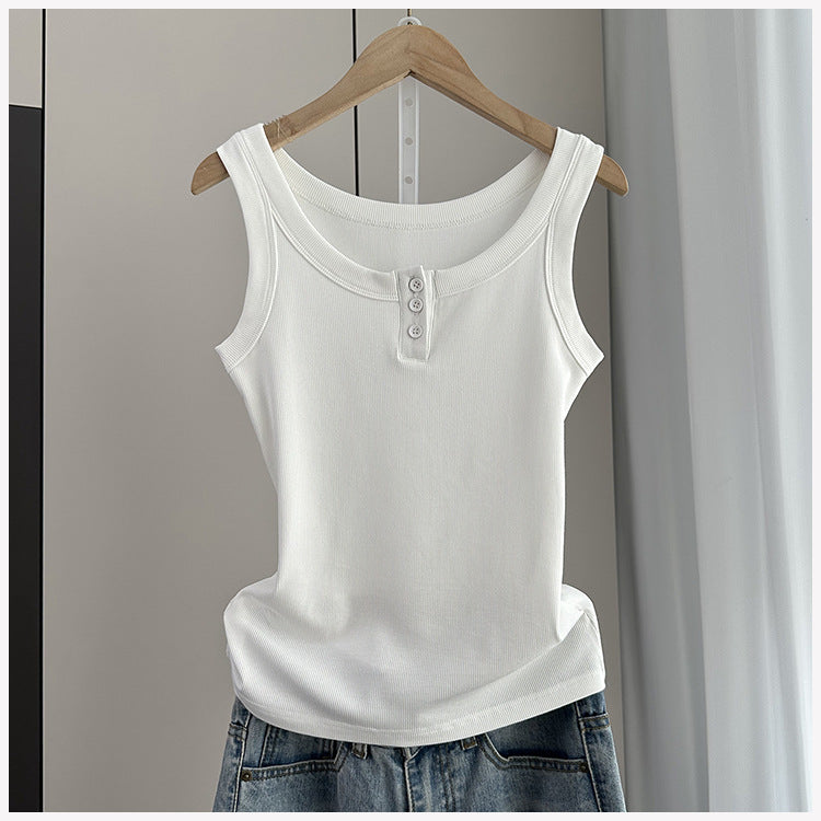 Ribbed Henley Button Placket Tank Top - White