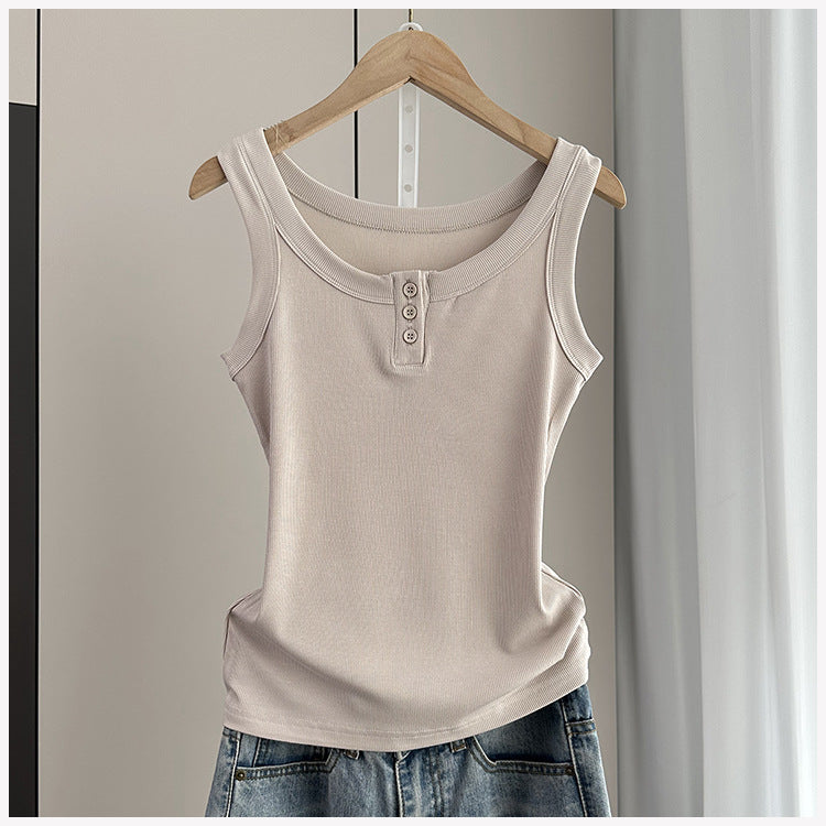 Ribbed Henley Button Placket Tank Top - beige