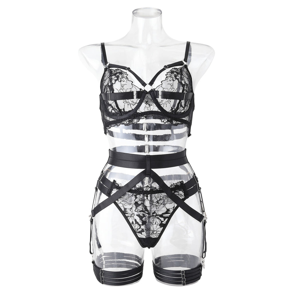 Embroidered Lace Underwire Bra And Strappy Garter Set
