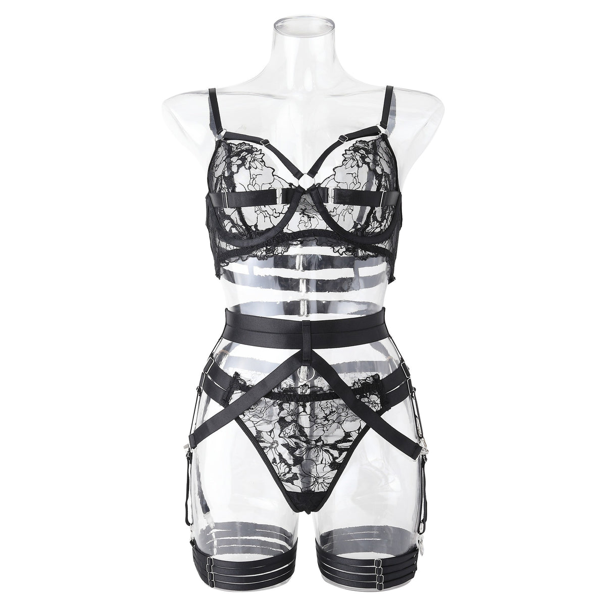 Embroidered Lace Underwire Bra And Strappy Garter Set