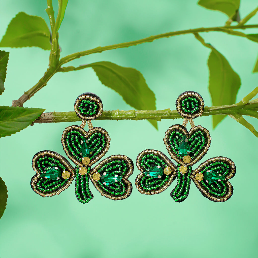 Beaded Shamrock Clover Dangle Earrings - Green