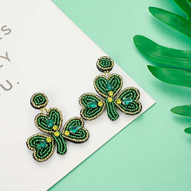 Beaded Shamrock Clover Dangle Earrings - Green - 1