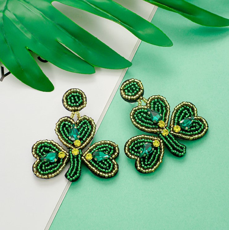 Beaded Shamrock Clover Dangle Earrings - Green - 2
