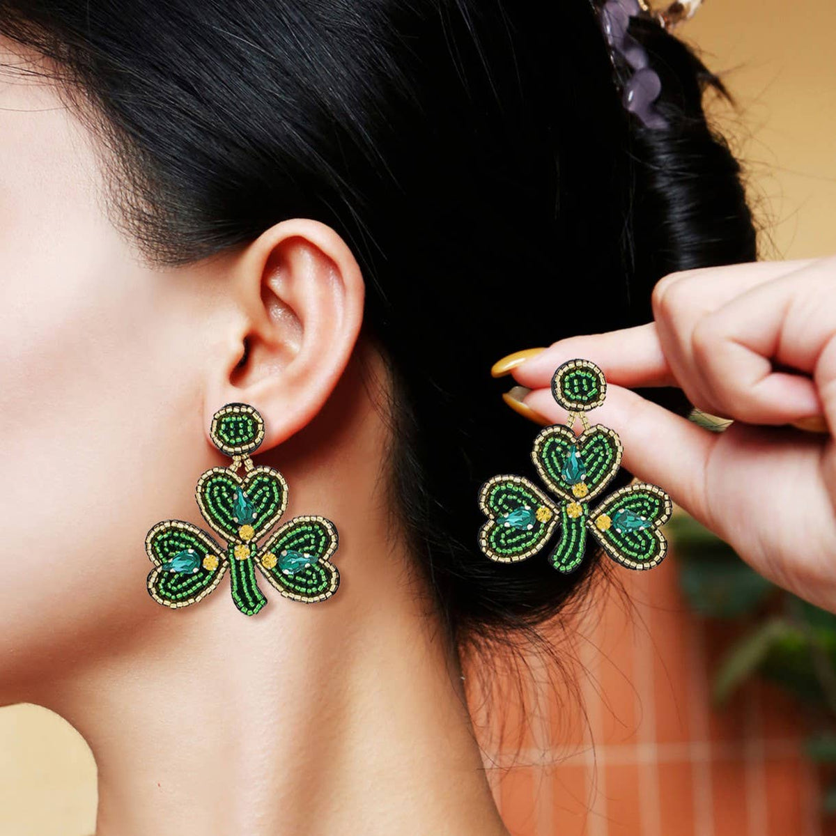 Beaded Shamrock Clover Dangle Earrings