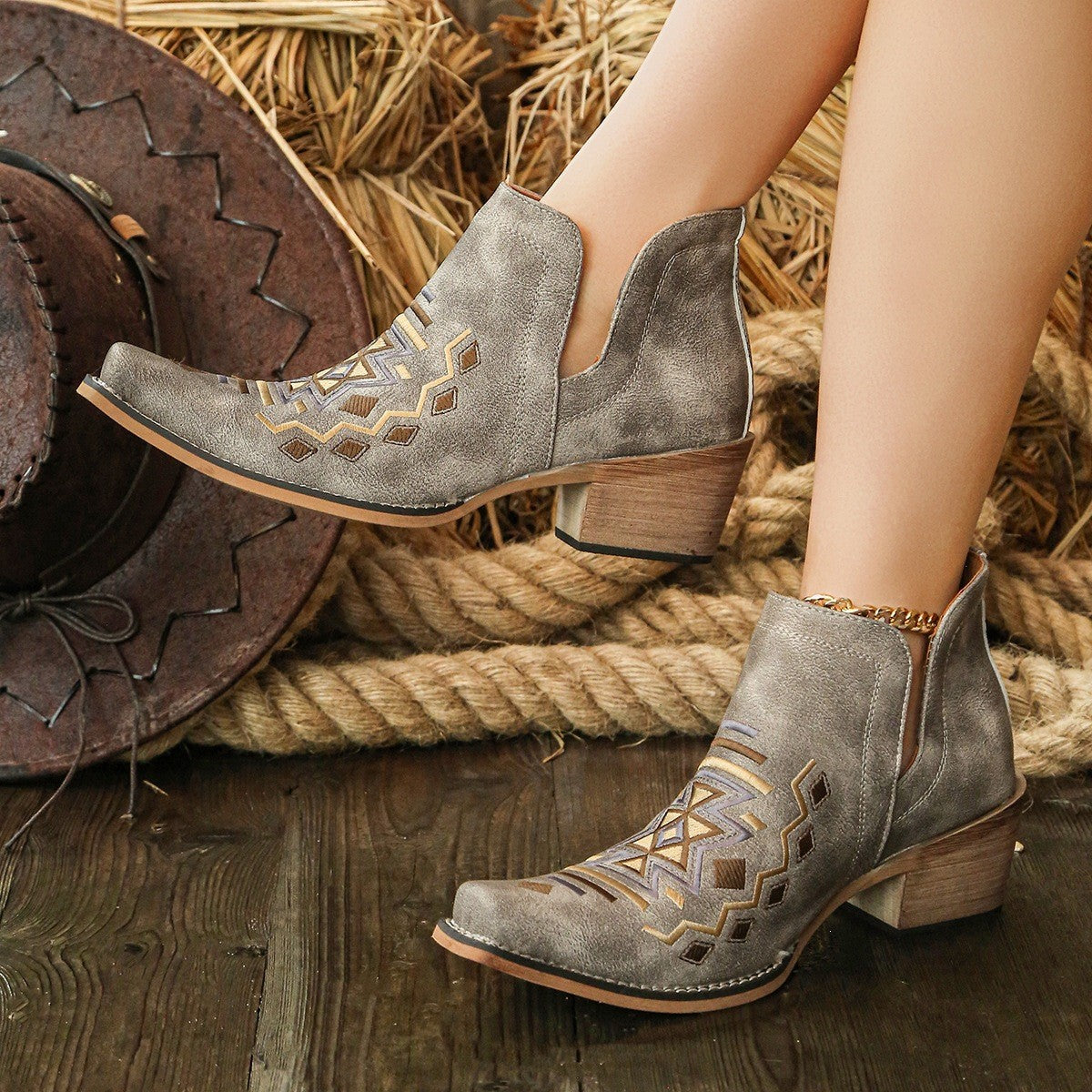 Geometric Embroidered Snip Toe Western Ankle Boots