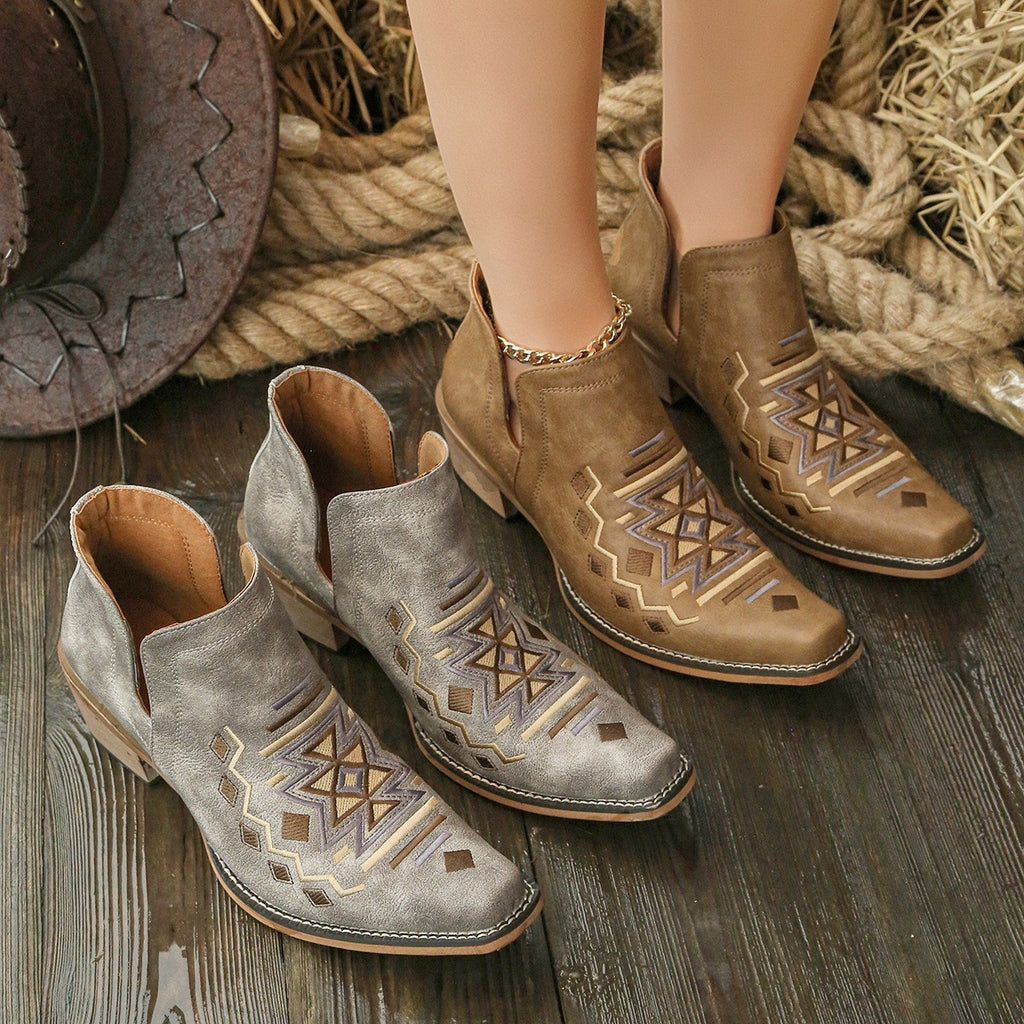 Geometric Embroidered Snip Toe Western Ankle Boots