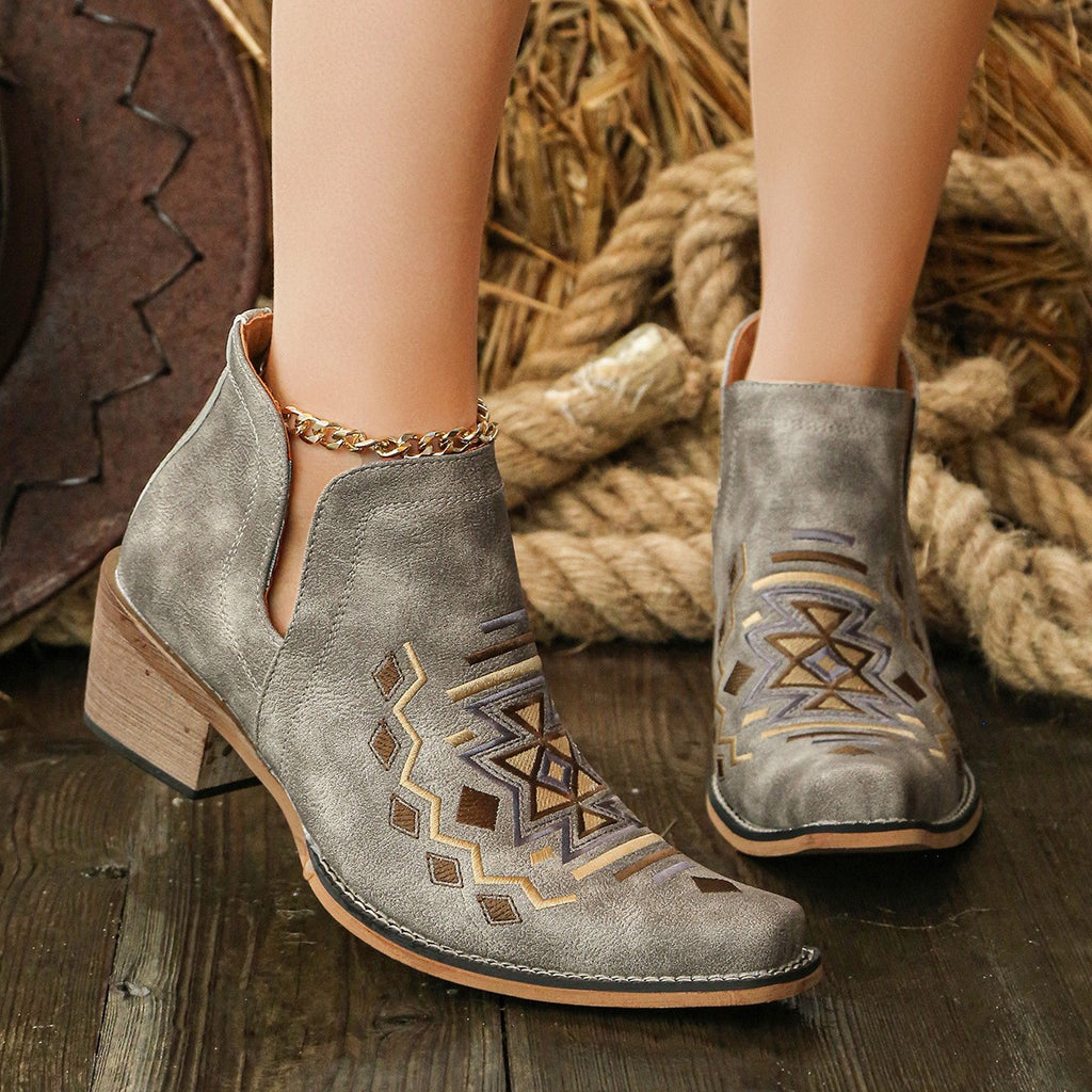 Geometric Embroidered Snip Toe Western Ankle Boots