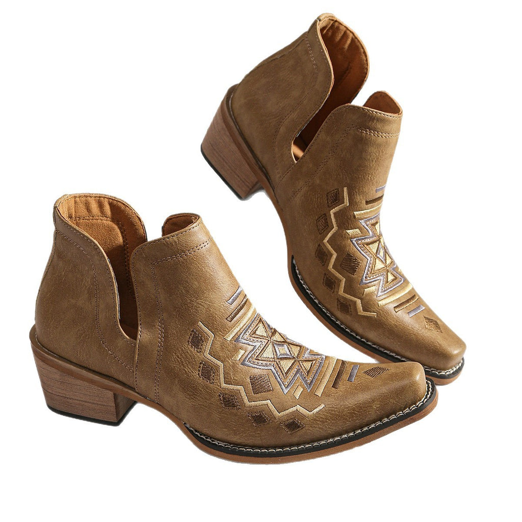 Geometric Embroidered Snip Toe Western Ankle Boots