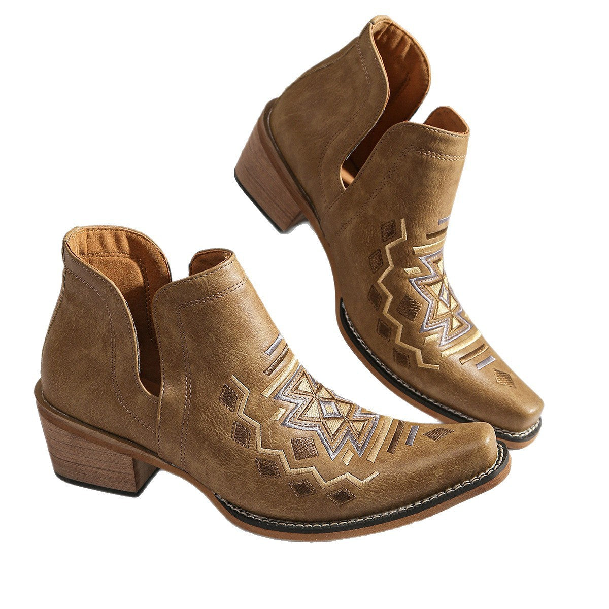 Geometric Embroidered Snip Toe Western Ankle Boots
