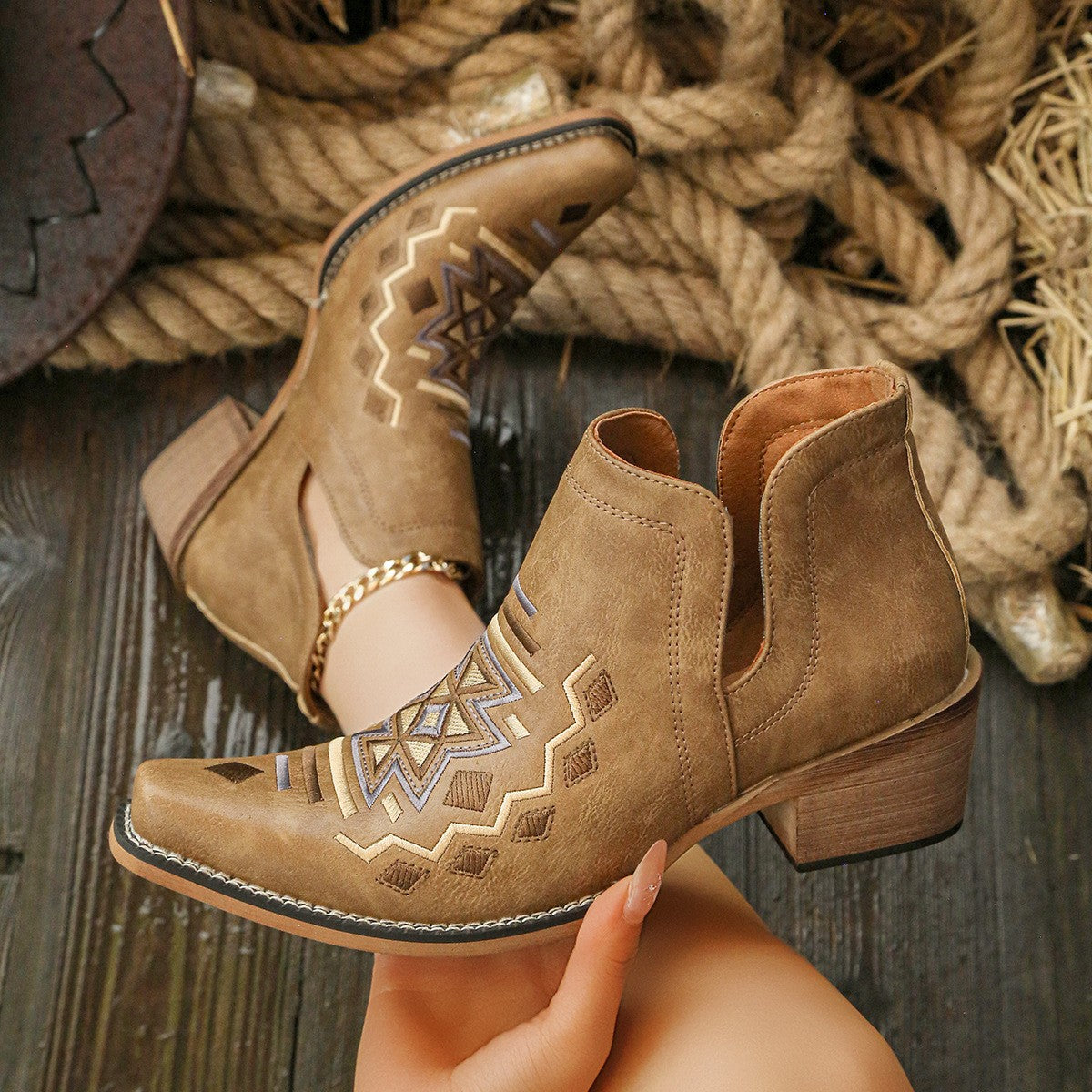 Geometric Embroidered Snip Toe Western Ankle Boots
