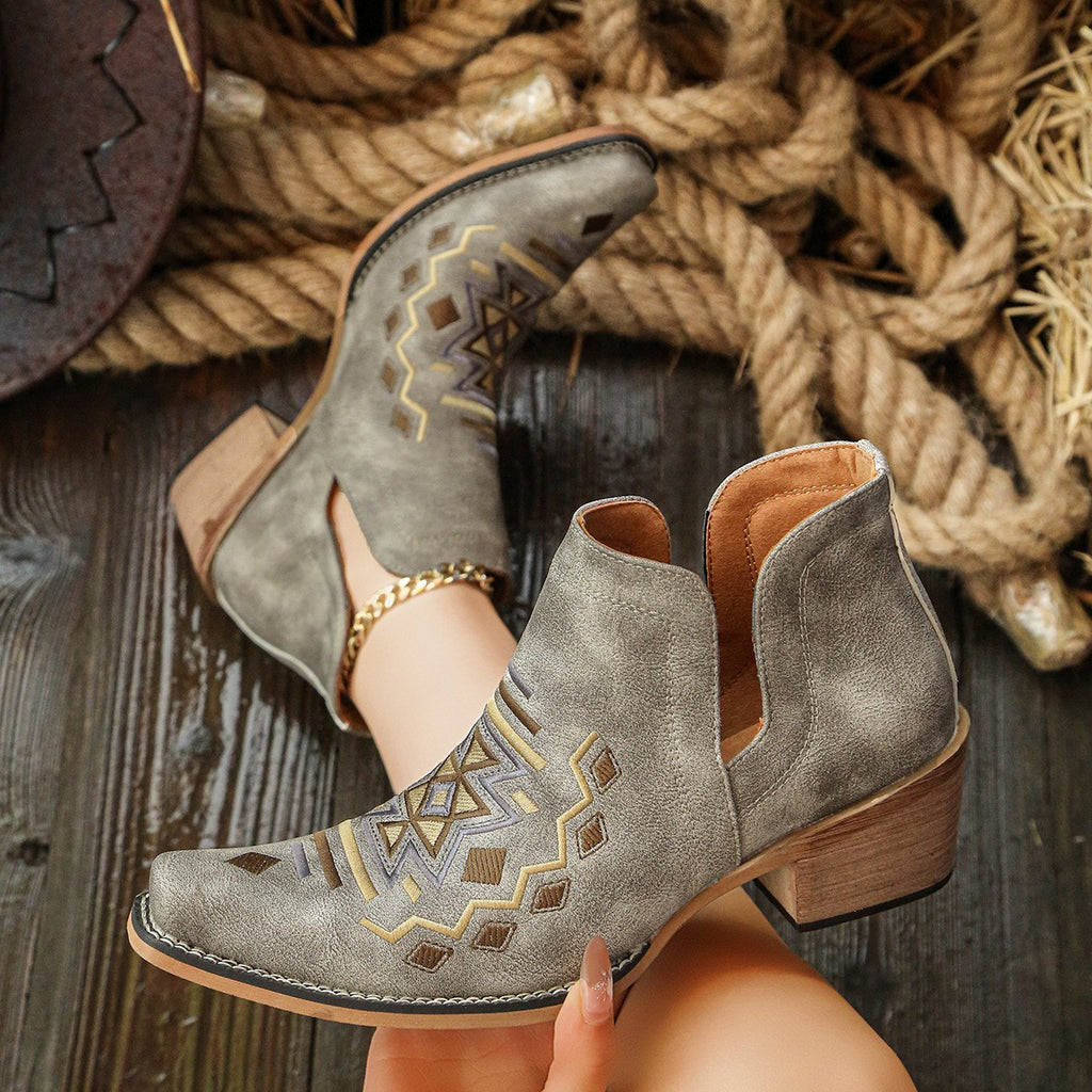 Geometric Embroidered Snip Toe Western Ankle Boots