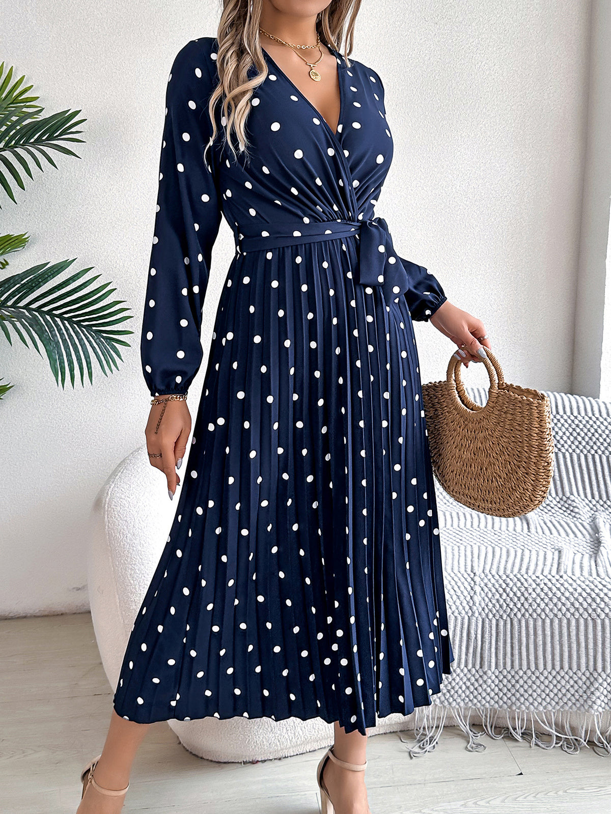 Polka Dot Wrap Front Pleated Maxi Dress - Navyblue - 2