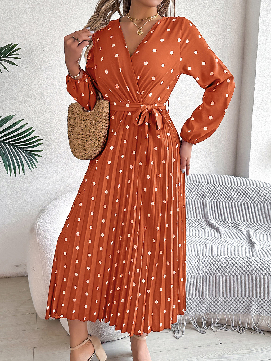 Polka Dot Wrap Front Pleated Maxi Dress - Orange