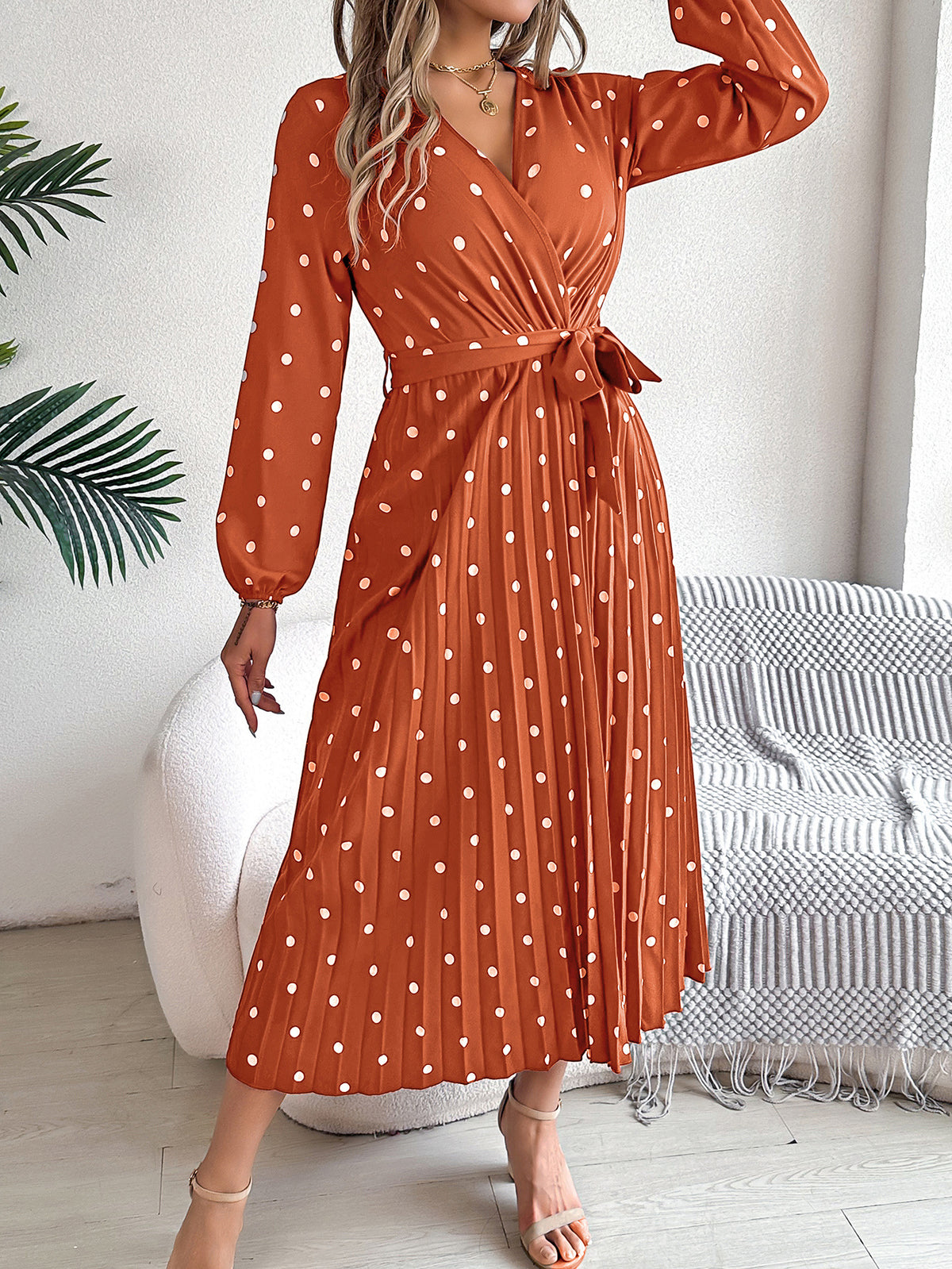 Polka Dot Wrap Front Pleated Maxi Dress - Orange - 2