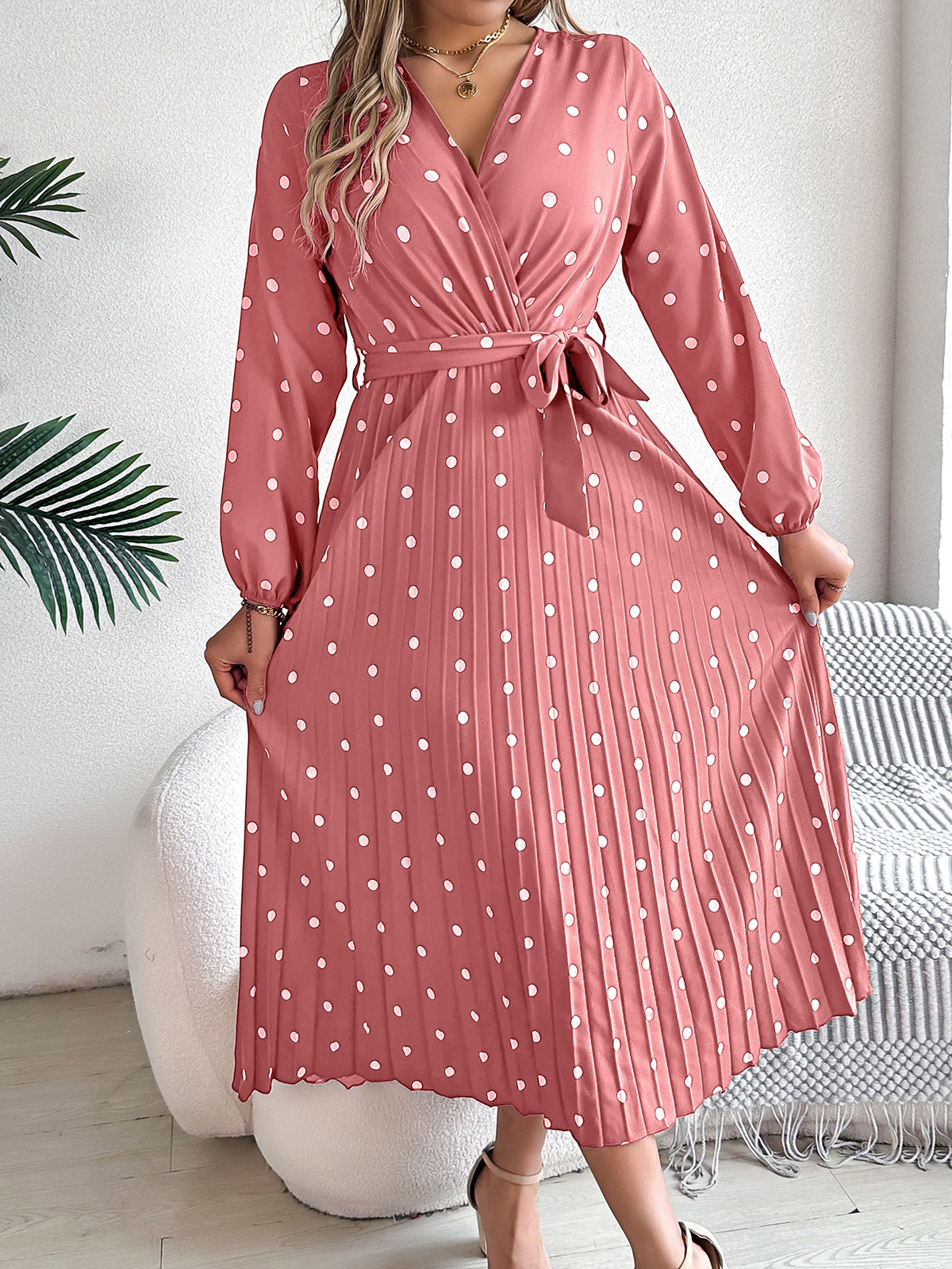 Polka Dot Wrap Front Pleated Maxi Dress - Pink