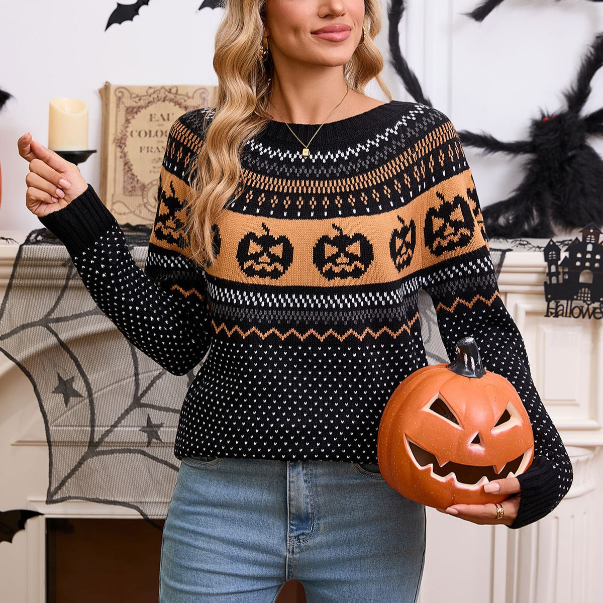 Pumpkin Fair Isle Knit Halloween Sweater - Black