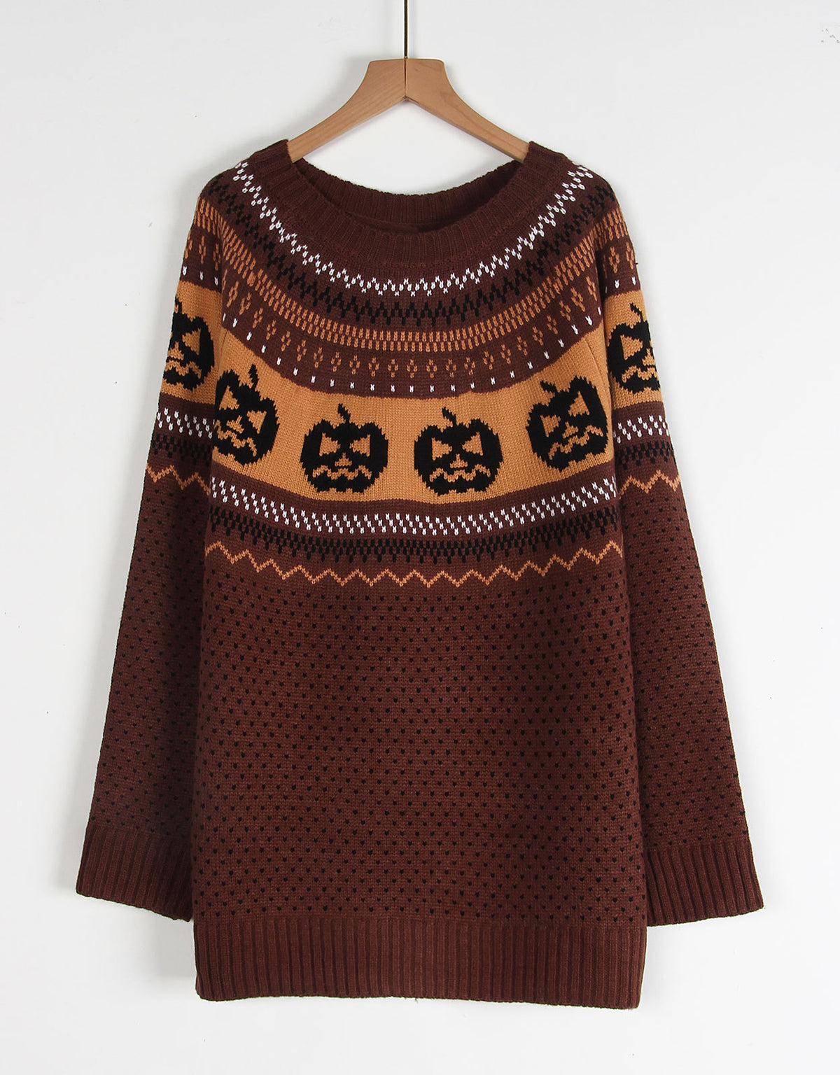 Pumpkin Fair Isle Knit Halloween Sweater - Brown