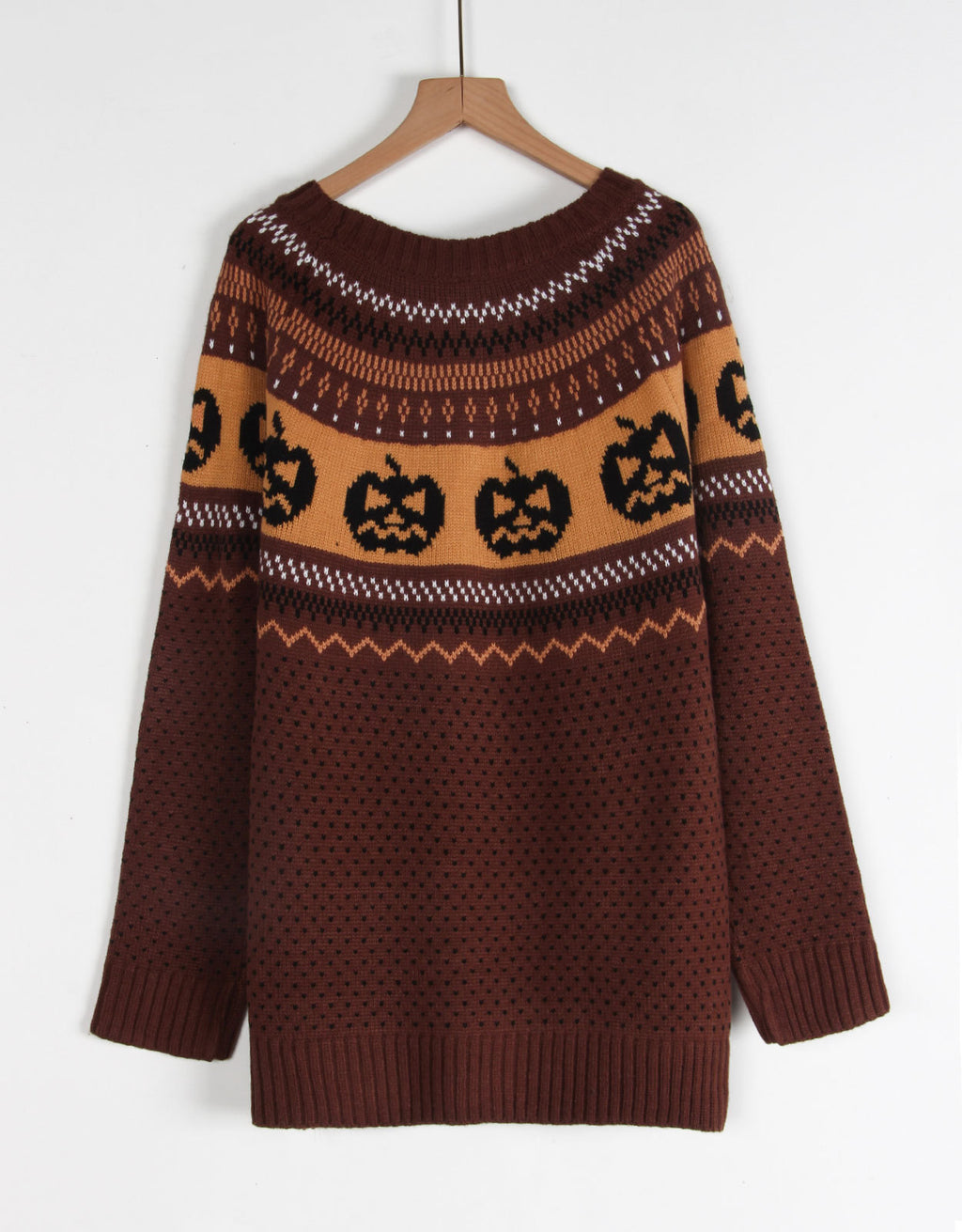 Pumpkin Fair Isle Knit Halloween Sweater - Brown - 1