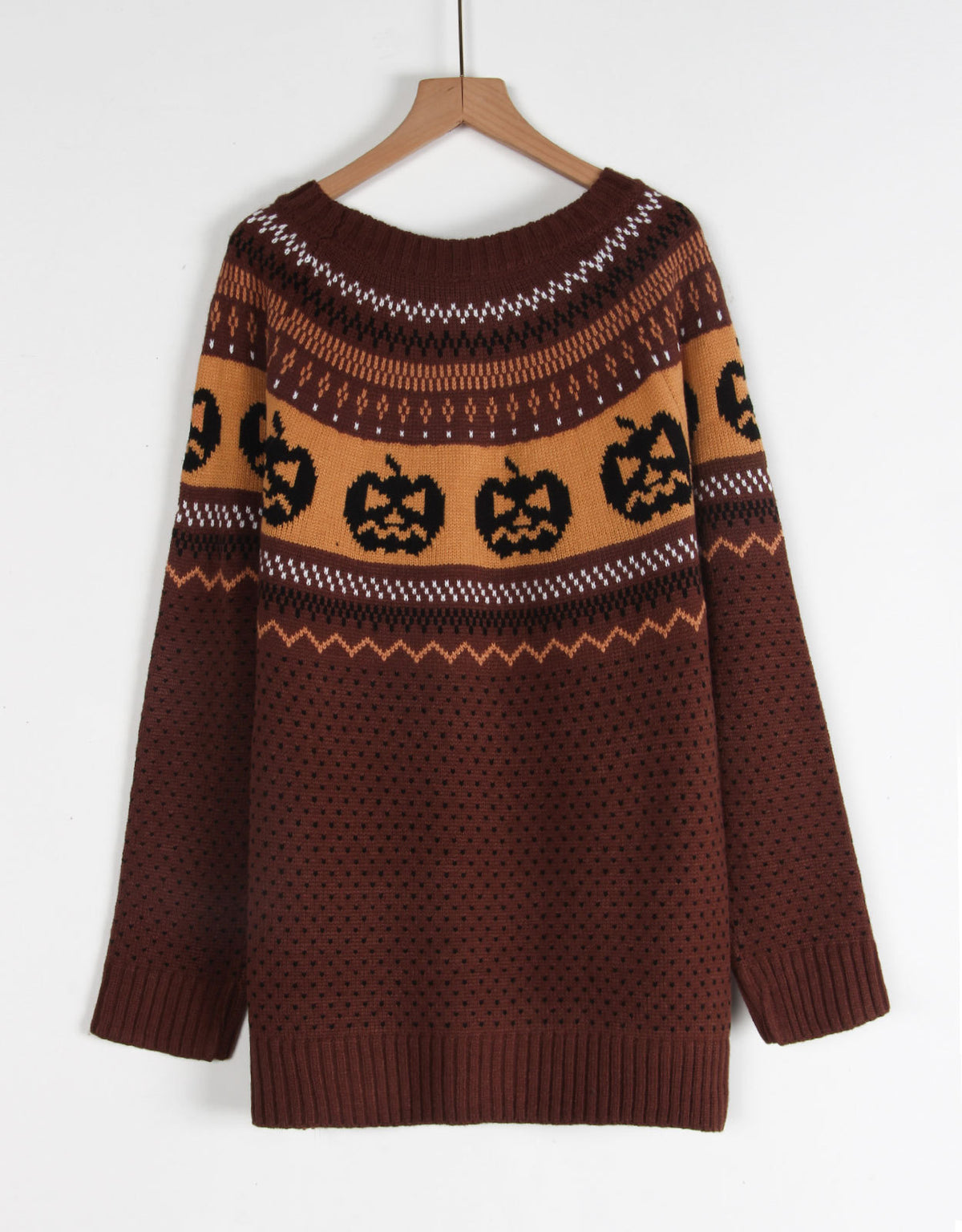 Pumpkin Fair Isle Knit Halloween Sweater - Brown - 1