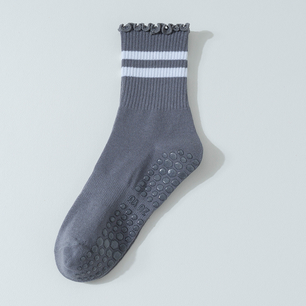 Striped Ruffle Cuff Non Slip Crew Socks - DarkGrey