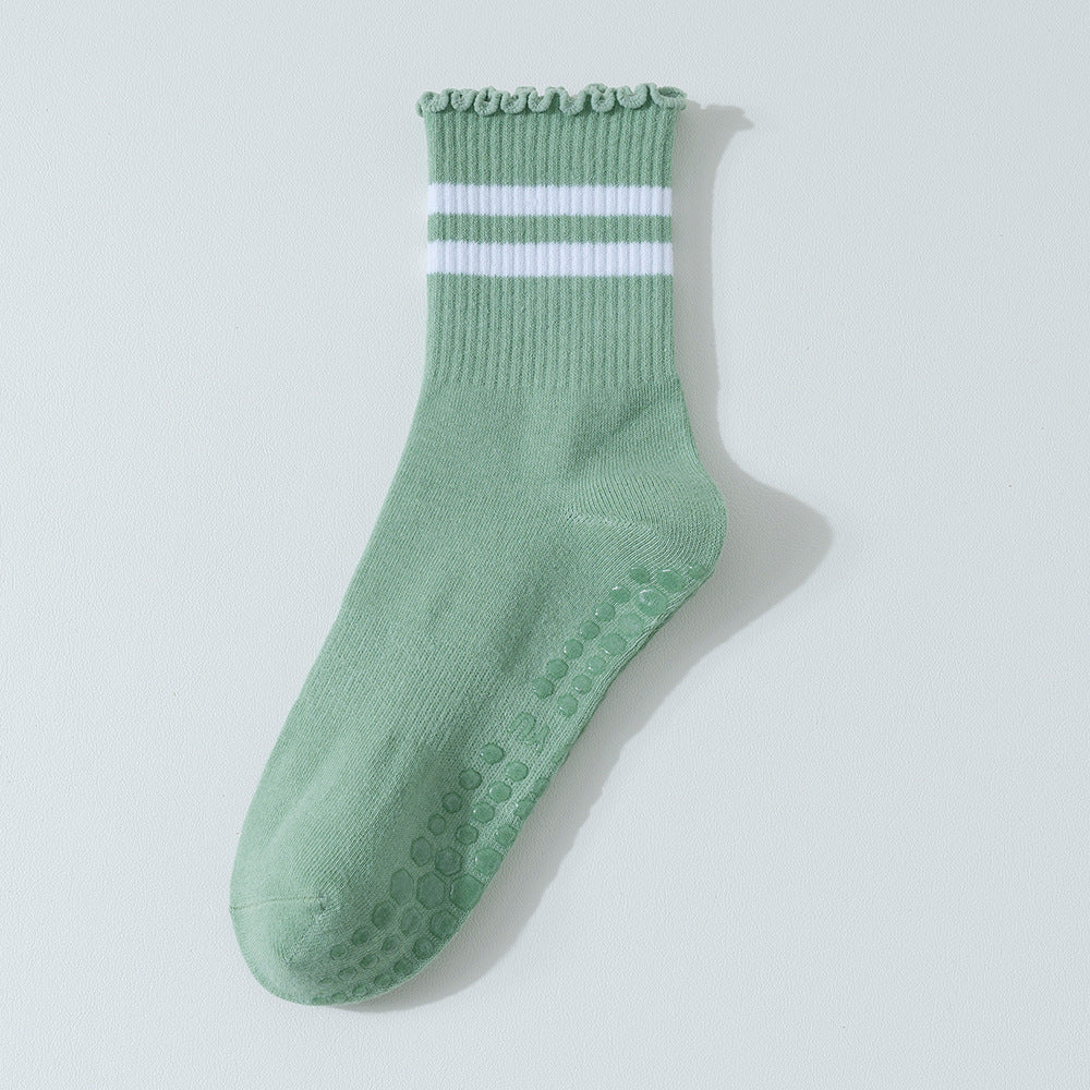 Striped Ruffle Cuff Non Slip Crew Socks - Green