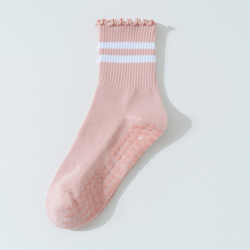 Striped Ruffle Cuff Non Slip Crew Socks - Pink