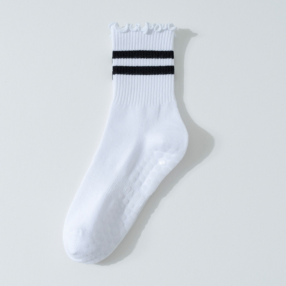 Striped Ruffle Cuff Non Slip Crew Socks - White