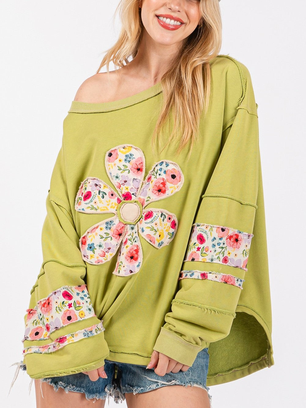 Ditsy Floral Daisy Patch Oversized Sweatshirt - Green - 1