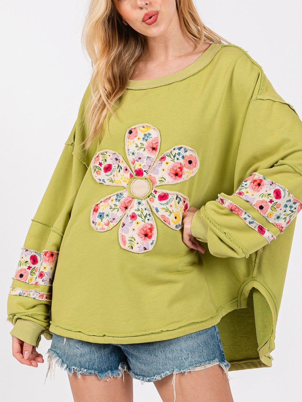 Ditsy Floral Daisy Patch Oversized Sweatshirt - Green - 2